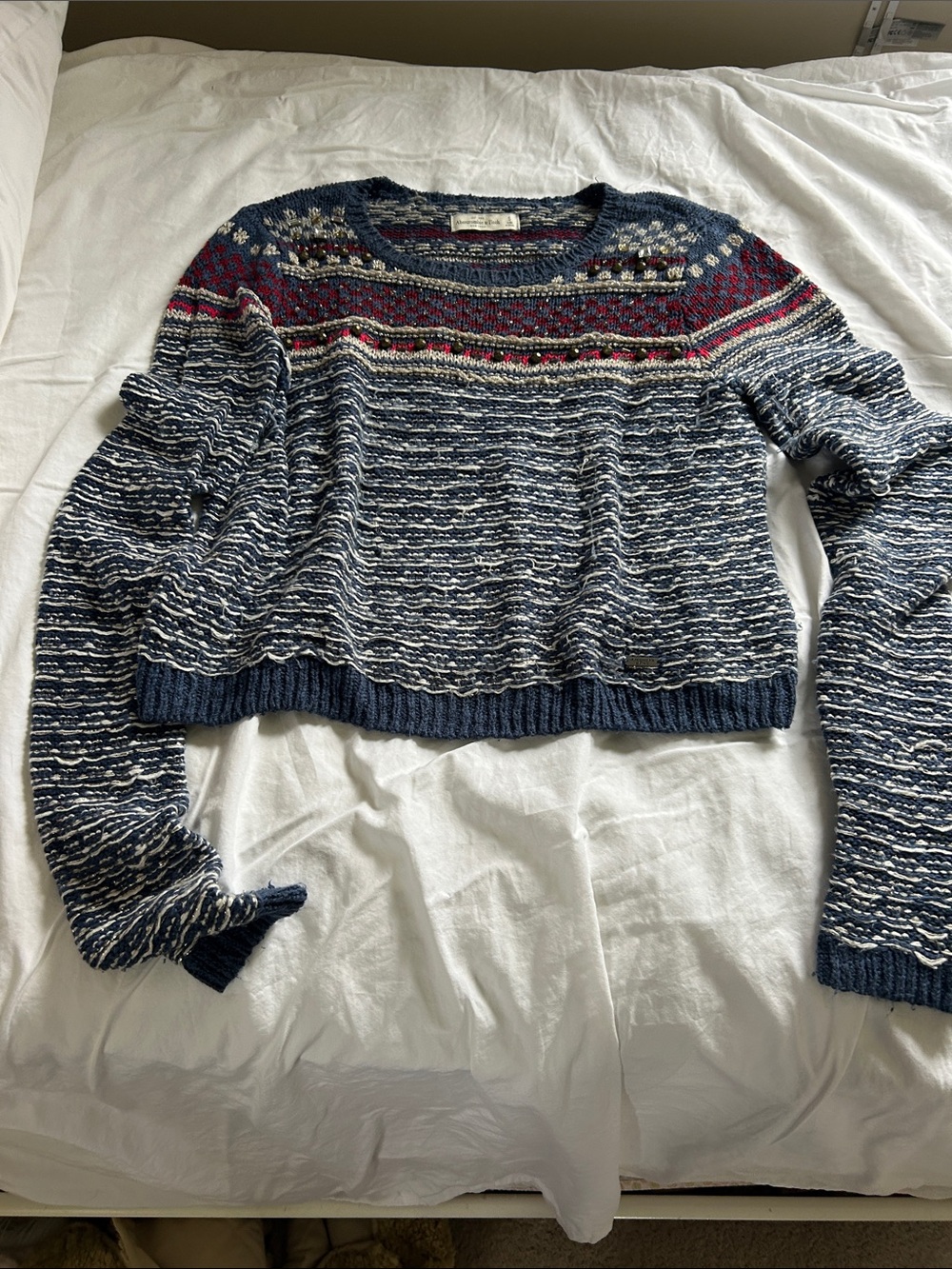 Abercrombie & Fitch Navy and White Marled Crewneck Sweater with Red Accent Yoke